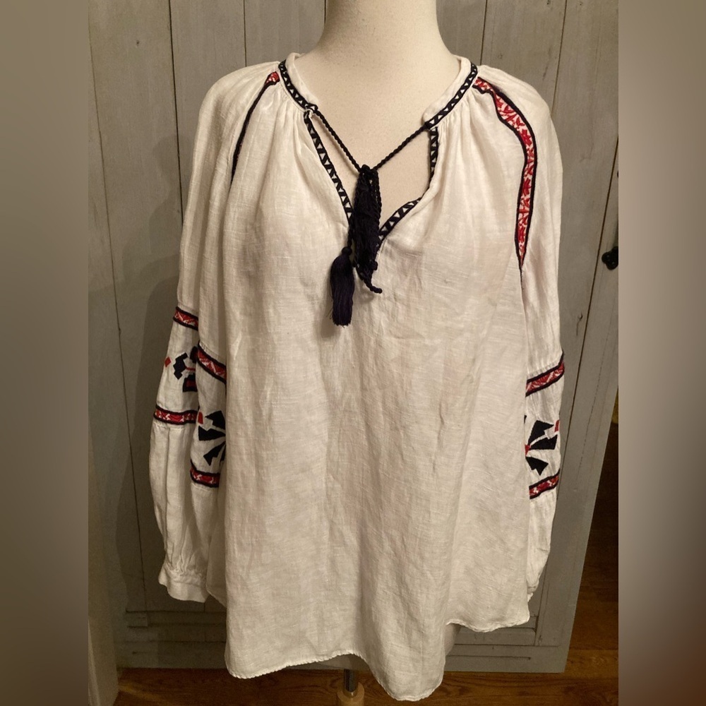 H&M White Peasant Boho Embroidered Top Blouse Puff Elastic Sleeve Size-12